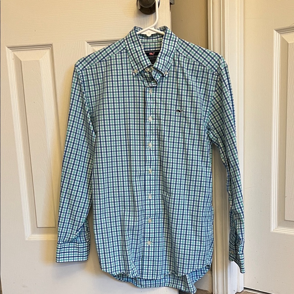 Vineyard Vines Men's Green and Blue Checkered Shirt
